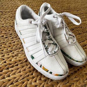 White Sneakers with Green and Orange Accents